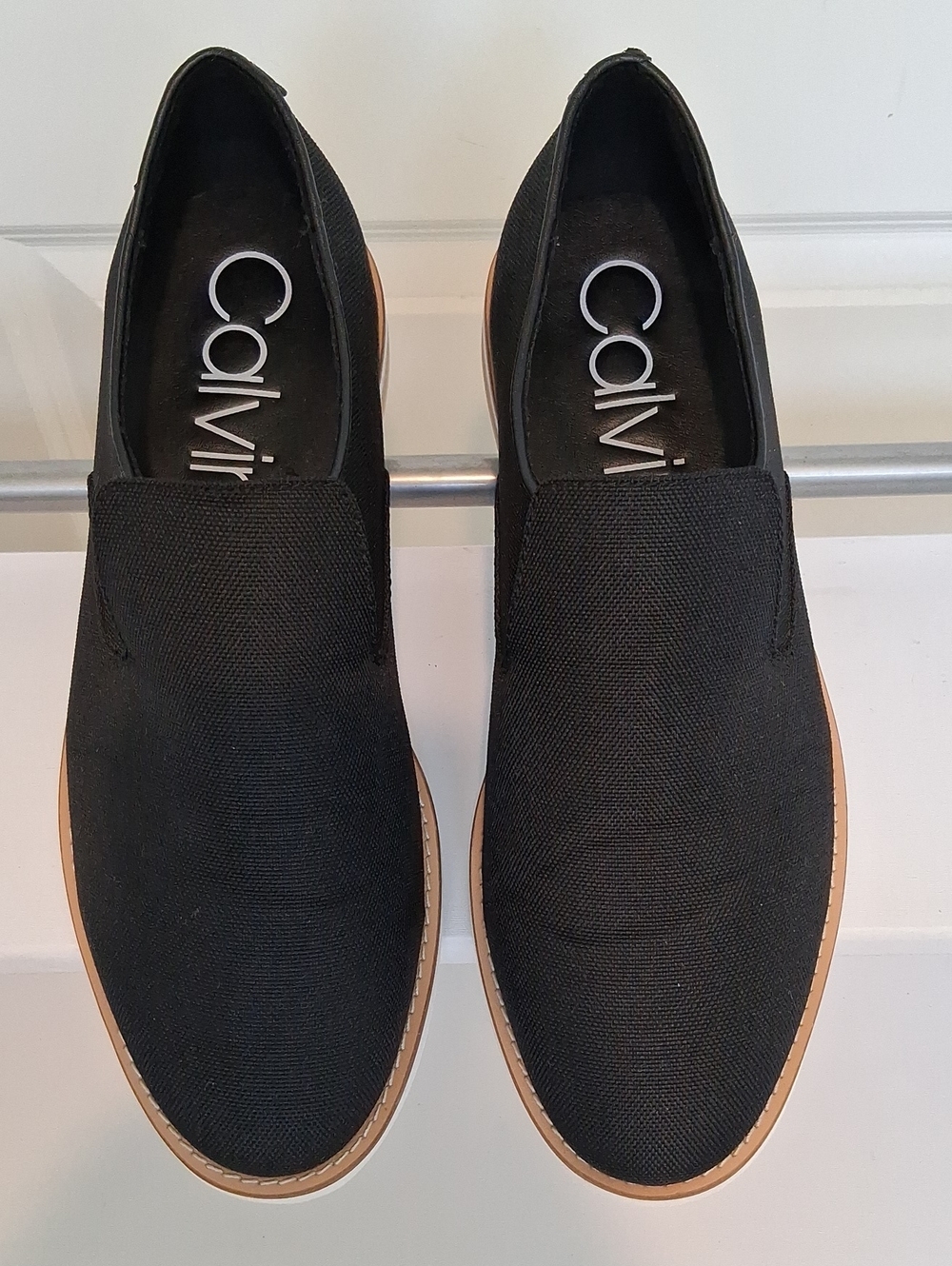 Calvin Klein Black Canvas Slip-On Loafers with Tan Sole